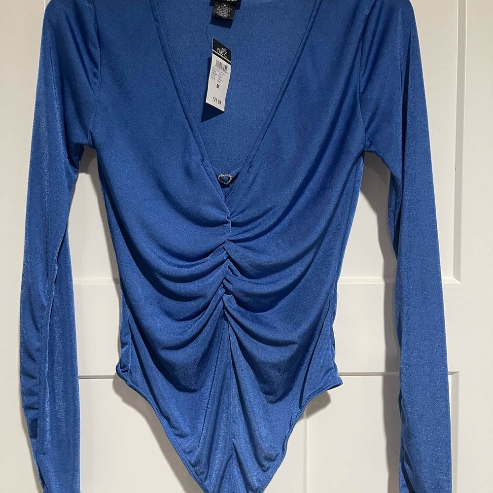 Rue 21 Blue Long Sleeve Ruched Bodysuit